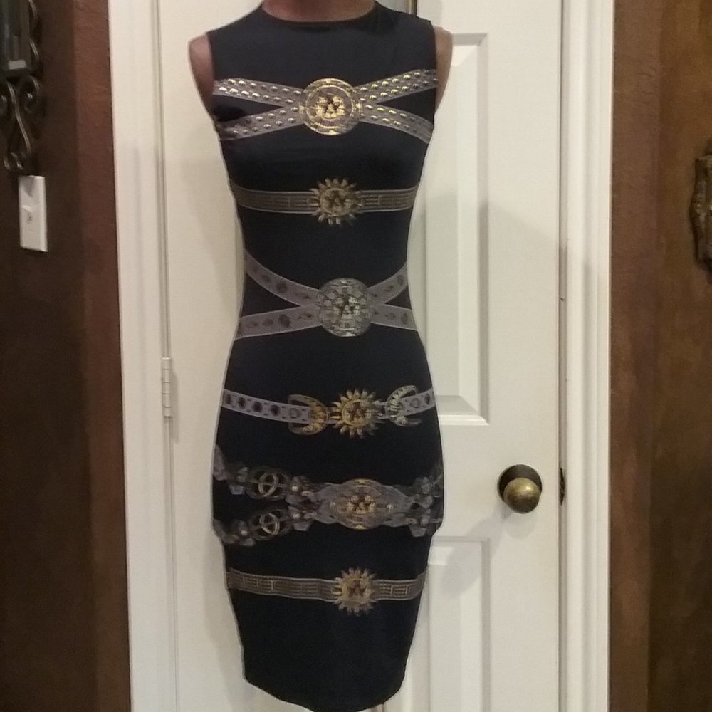 Red Velvet  BlueGold Lion Print Bodycon Dress NWOT
